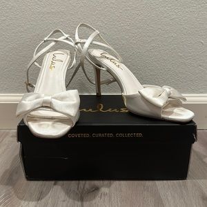 Lulus Recee White Satin Bow Ankle-Strap Heel